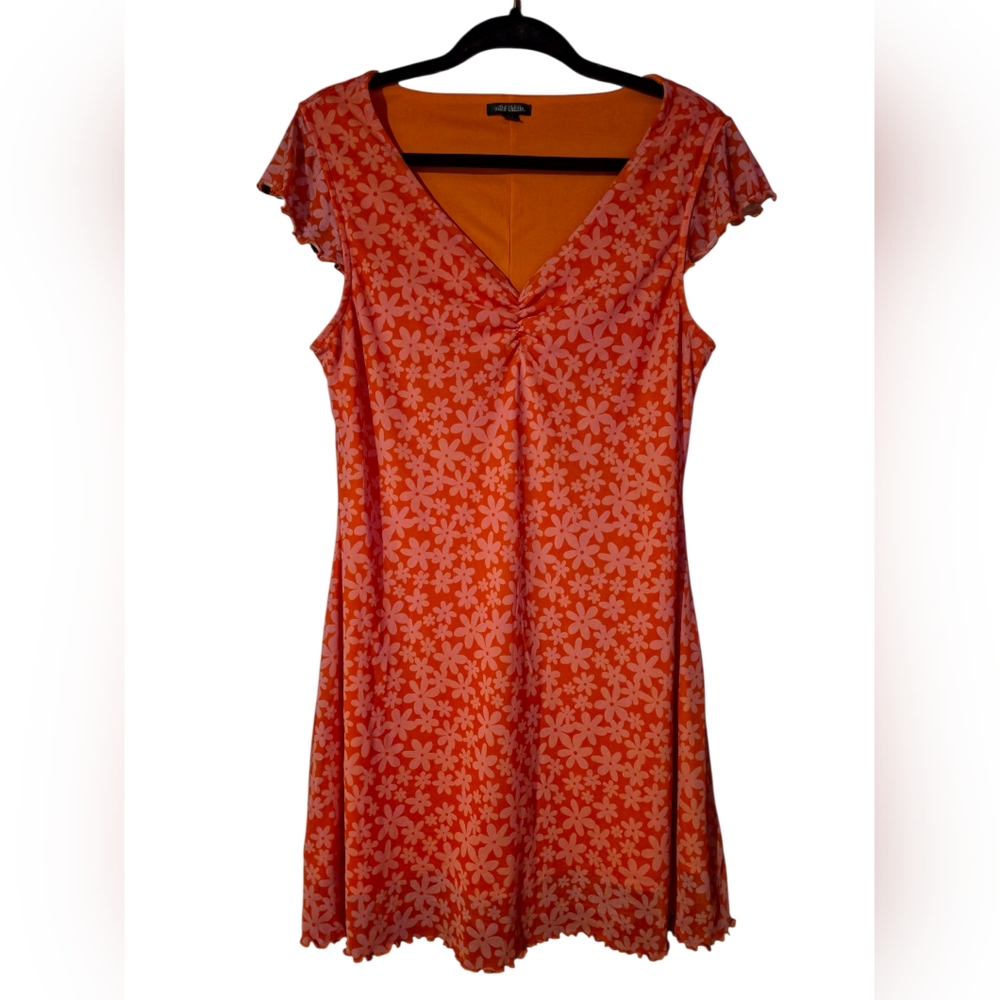 Wild Fable Orange Floral Mesh Mini Dress Size L Y2K Sheer Overlay Lined